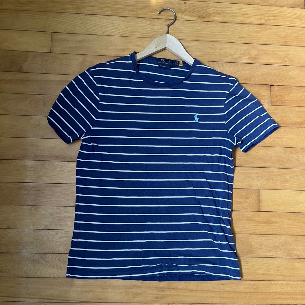 Polo Ralph Lauren Mens Custom Slim Fit Striped T-Shirt Navy Blue White Medium